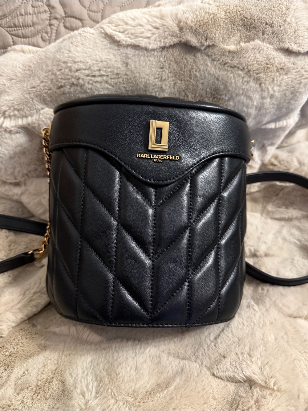 Karl Lagerfeld Quilted Black Leather Bucket Crossbody Bag